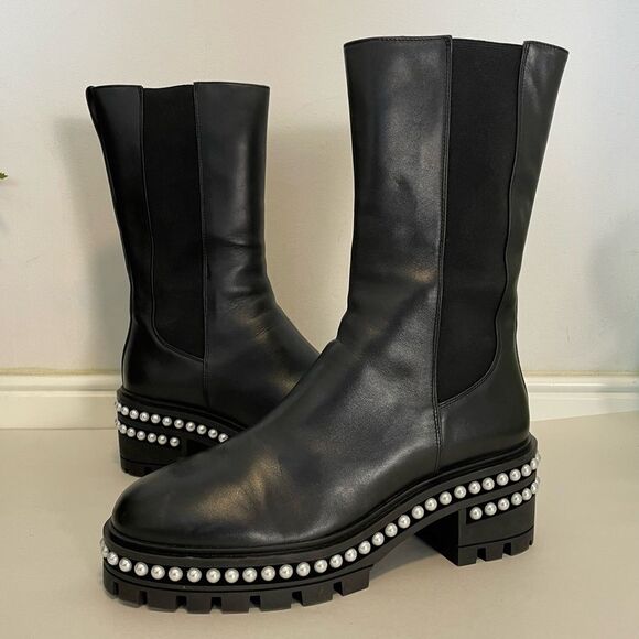 Stuart Weitzman Soho Pearl Chelsea Leather Boots Size 10 Black NWOT‎ - Picture 2 of 12